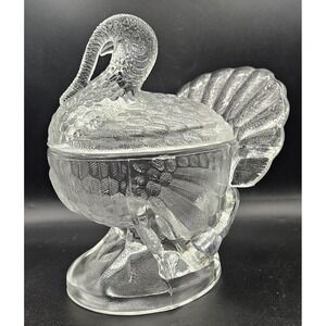 Vintage L.E. Smith Clear Pressed Glass Lidded Turkey Candy Nut Dish Thanksgiving